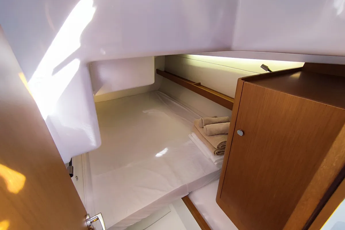 Cabin on Fizzy, a Beneteau First 36 sailboat at Lavrion, Greece