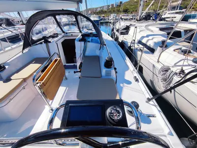 Cockpit of Fizzy, a Beneteau First 36 sailboat at Lavrion, Greece