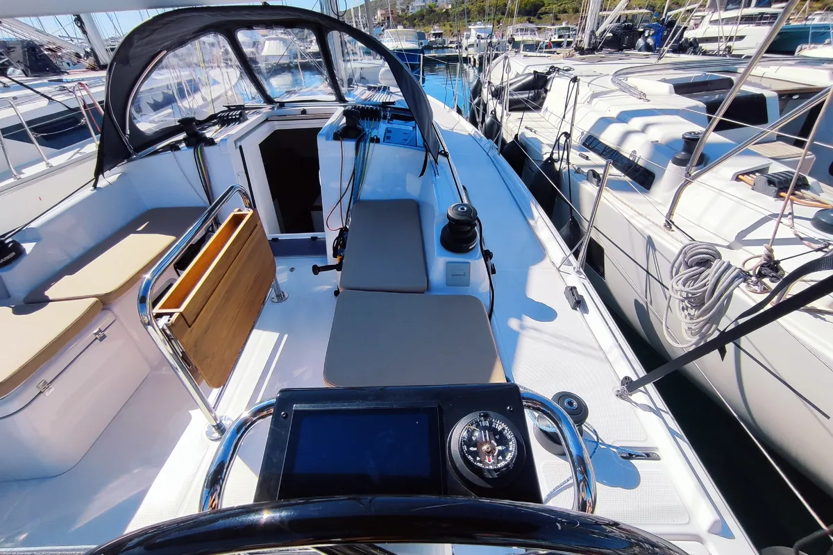 Cockpit of Fizzy, a Beneteau First 36 sailboat at Lavrion, Greece