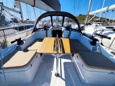 Deck of Fizzy, a Beneteau First 36 sailboat at Lavrion, Greece
