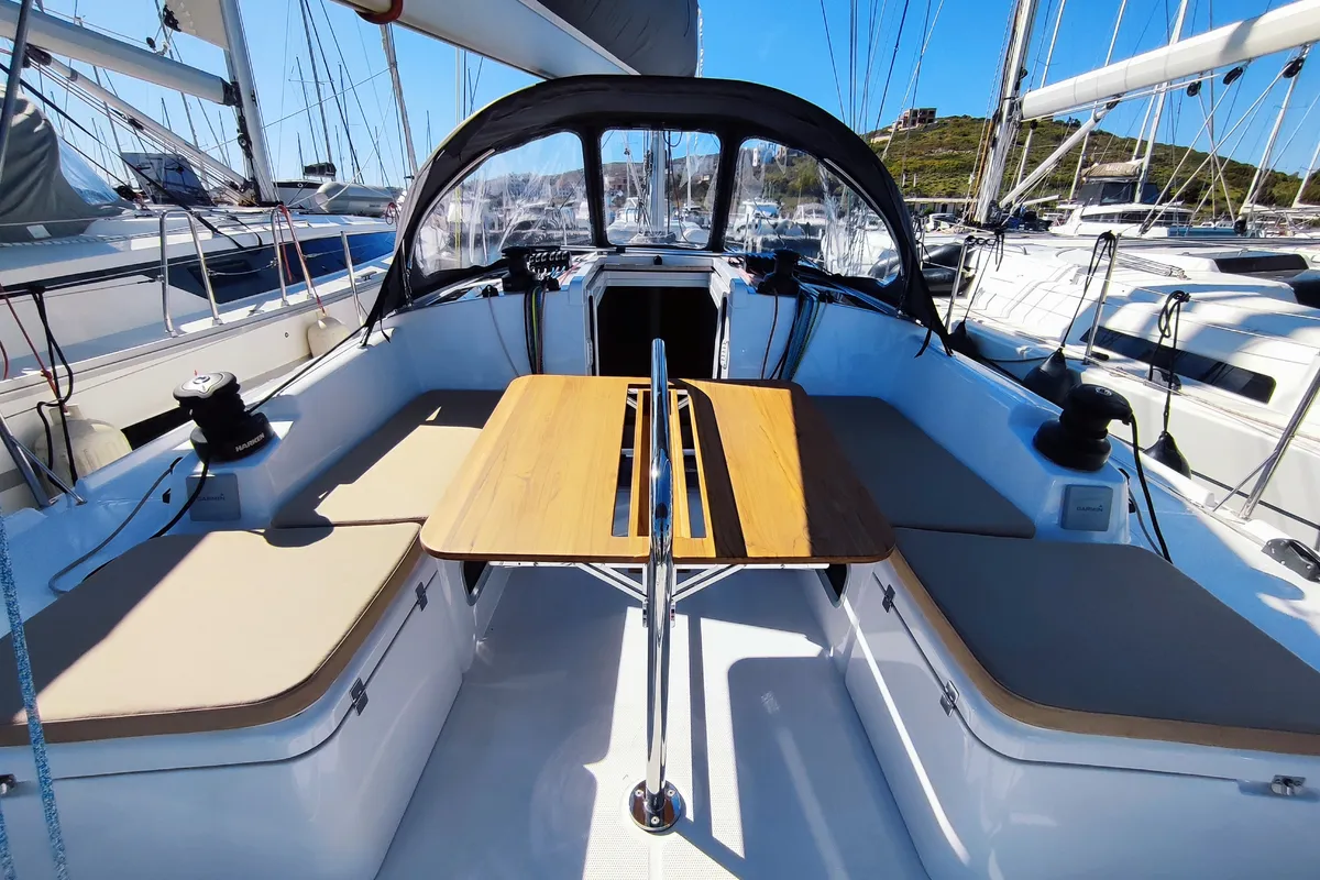 Deck of Fizzy, a Beneteau First 36 sailboat at Lavrion, Greece