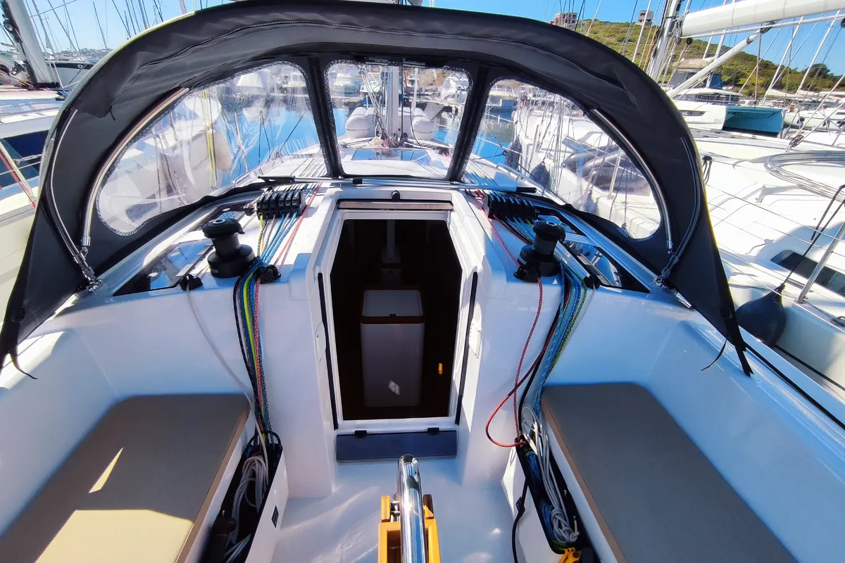 Deck of Fizzy, a Beneteau First 36 sailboat at Lavrion, Greece