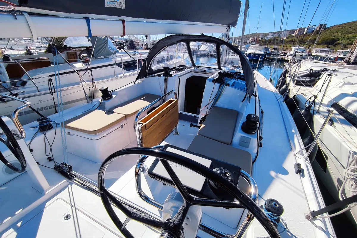 Cockpit of Fizzy, a Beneteau First 36 sailboat at Lavrion, Greece