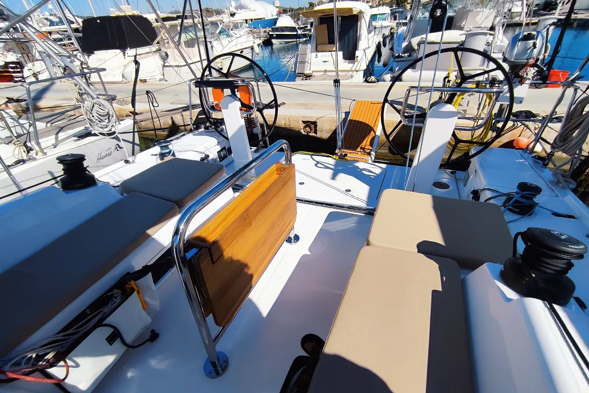 Deck of Fizzy, a Beneteau First 36 sailboat at Lavrion, Greece