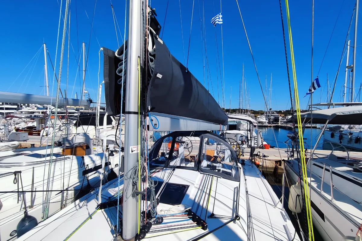 Deck of Fizzy, a Beneteau First 36 sailboat at Lavrion, Greece