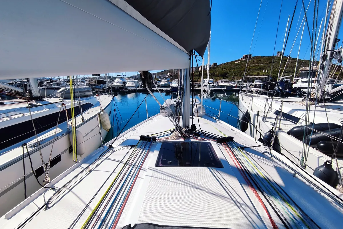 Deck of Fizzy, a Beneteau First 36 sailboat at Lavrion, Greece