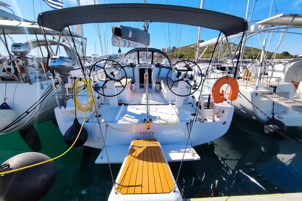 Exterior view of Fizzy, a Beneteau First 36 sailboat at Lavrion, Greece