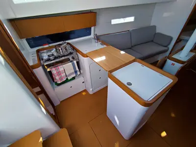 Galley of Fizzy, a Beneteau First 36 sailboat at Lavrion, Greece