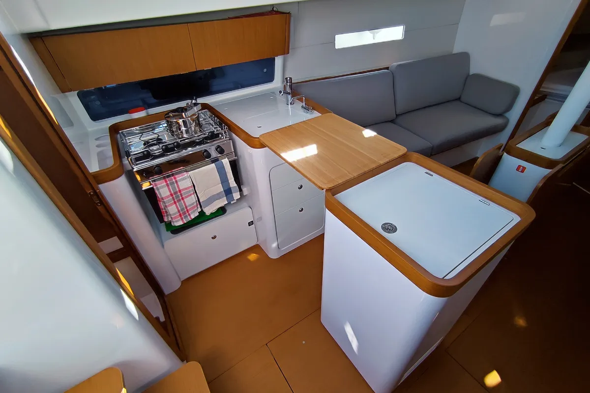 Galley of Fizzy, a Beneteau First 36 sailboat at Lavrion, Greece