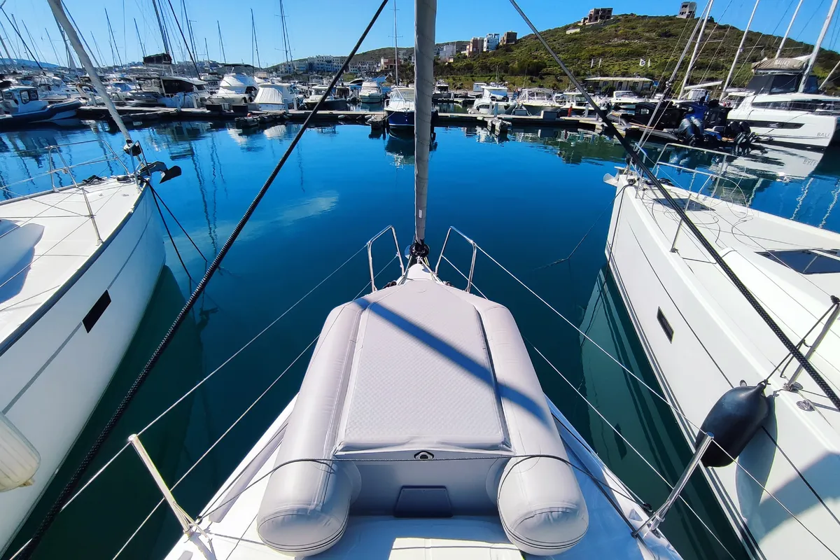 Deck of Fizzy, a Beneteau First 36 sailboat at Lavrion, Greece