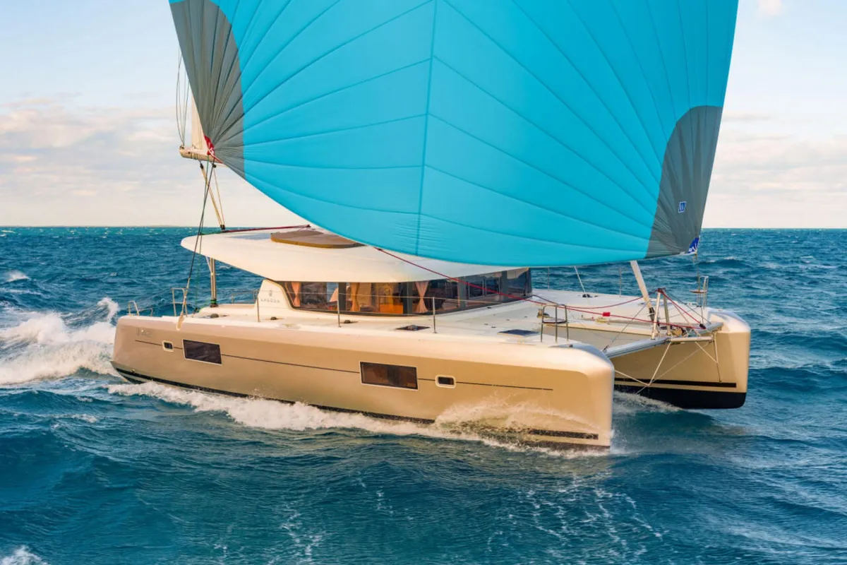 Exterior view of Numerobis, a Lagoon 42 catamaran at Bonifacio (Bunifaziu), France