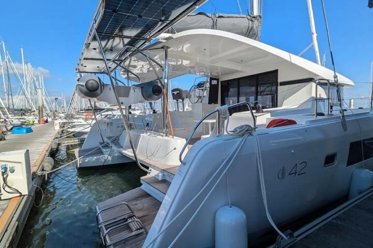 Exterior view of Numerobis, a Lagoon 42 catamaran at Bonifacio (Bunifaziu), France