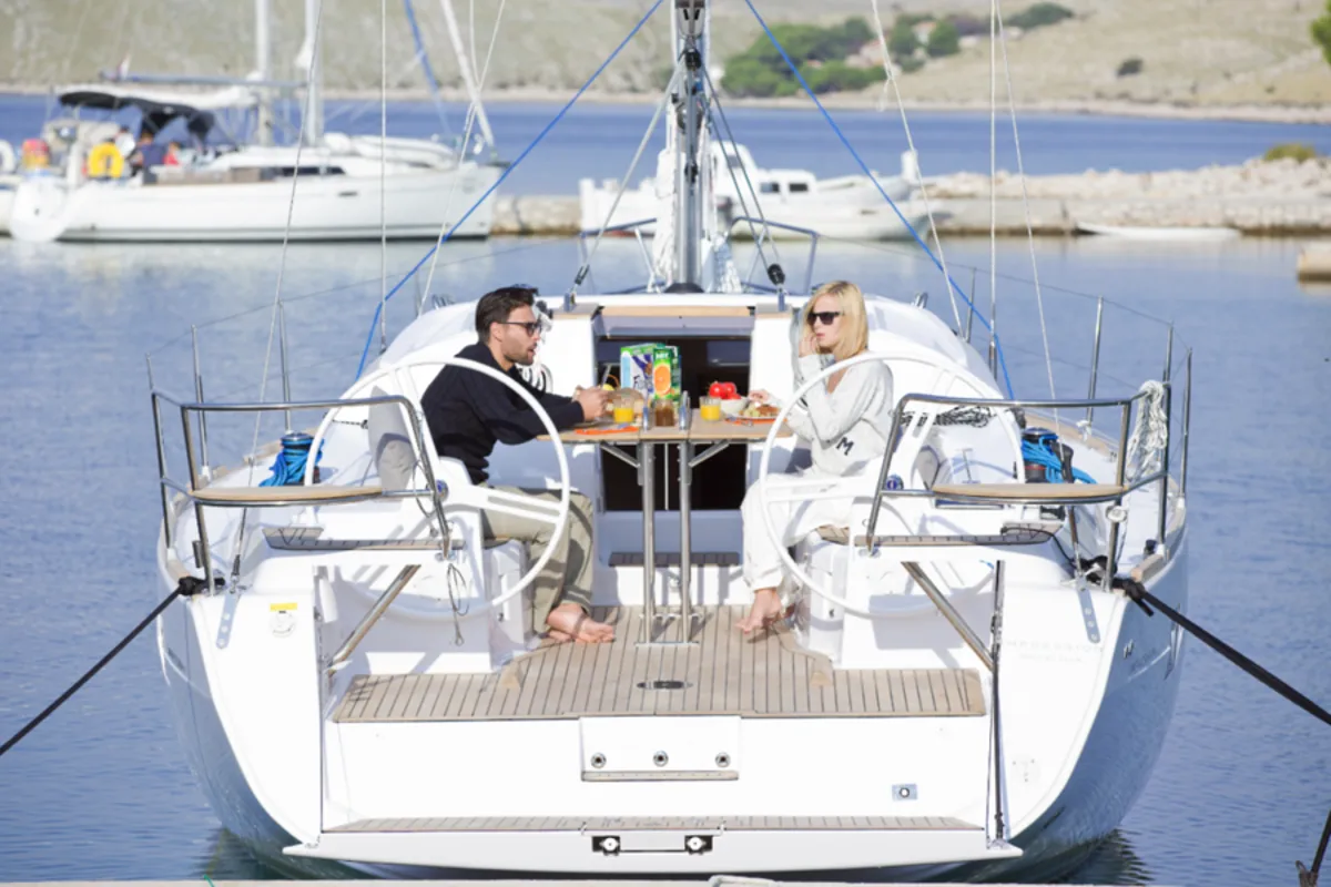 Deck of Kate, a Elan Impression 40.1 sailboat at Pirovac, Croatia
