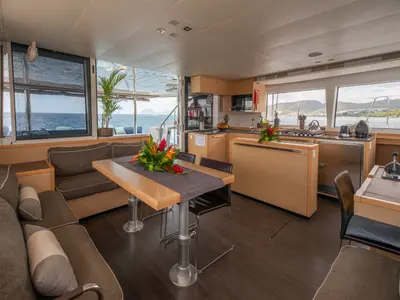 Salon of Ever III, a Lagoon 560 catamaran at Ajaccio, France