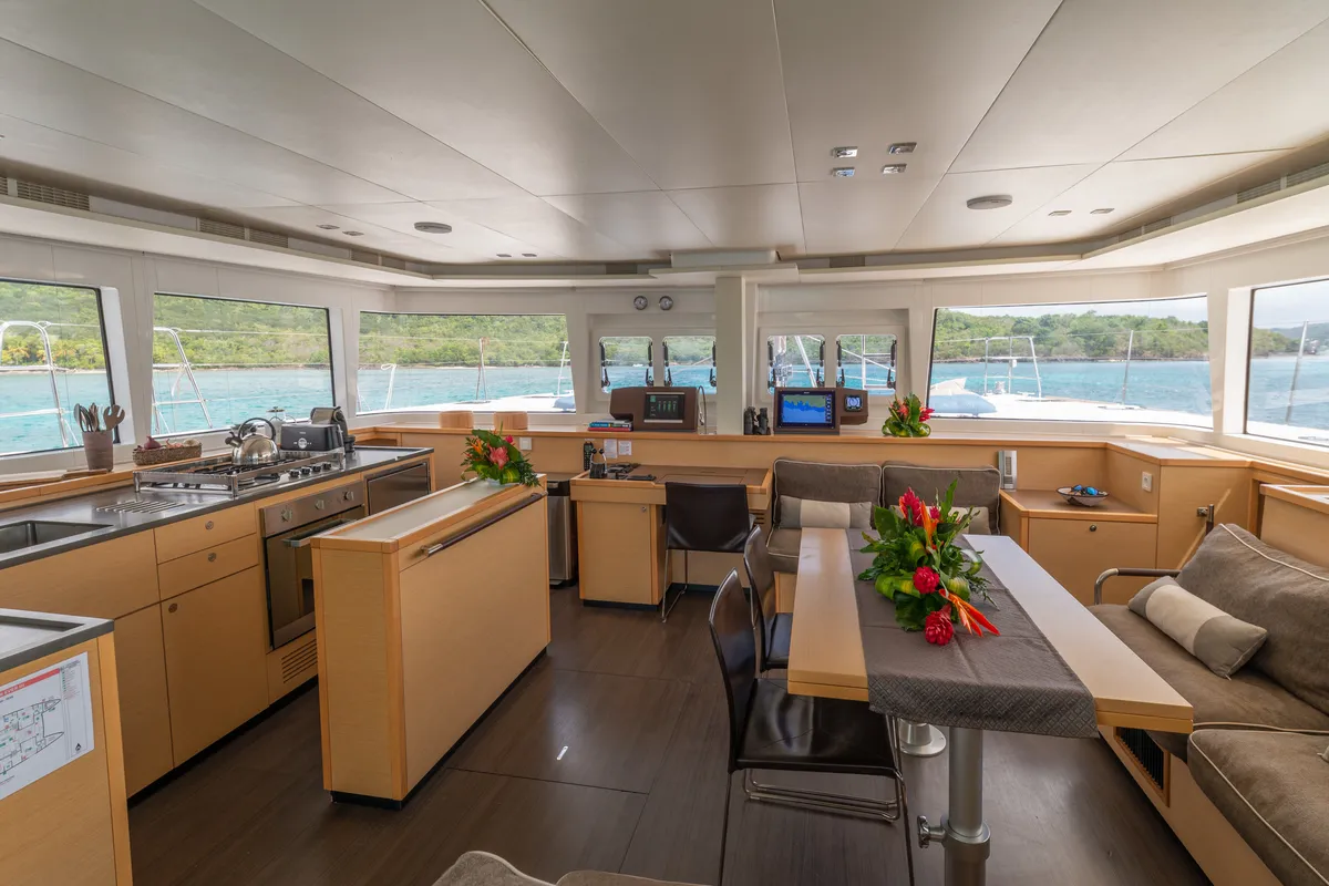 Salon of Ever III, a Lagoon 560 catamaran at Ajaccio, France