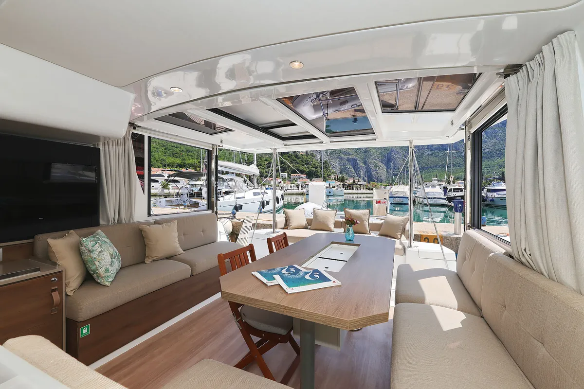Salon of Aglaia, a Bali 4.2 catamaran at Dubrovnik, Croatia