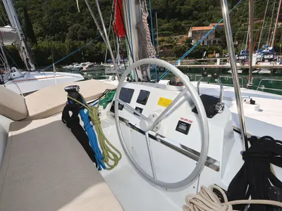 Cockpit of Aglaia, a Bali 4.2 catamaran at Dubrovnik, Croatia