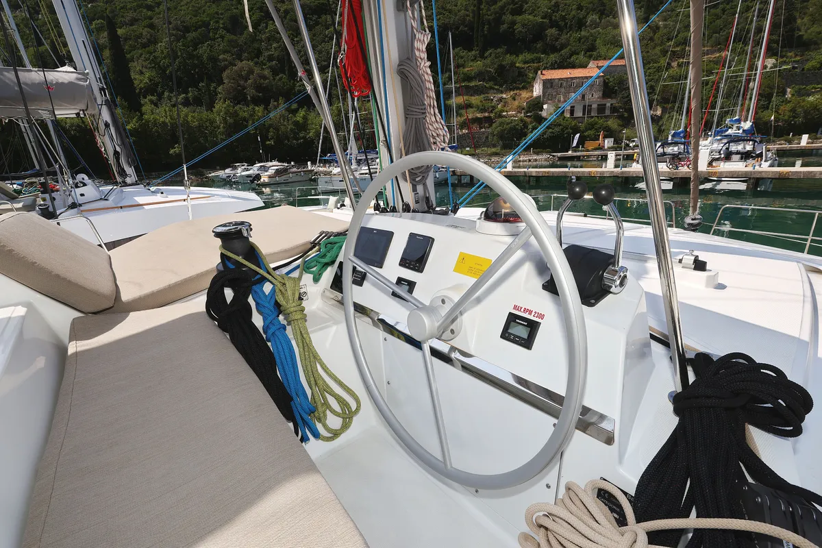 Cockpit of Aglaia, a Bali 4.2 catamaran at Dubrovnik, Croatia