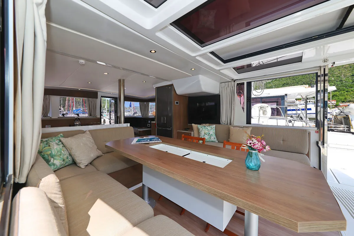 Salon of Aglaia, a Bali 4.2 catamaran at Dubrovnik, Croatia
