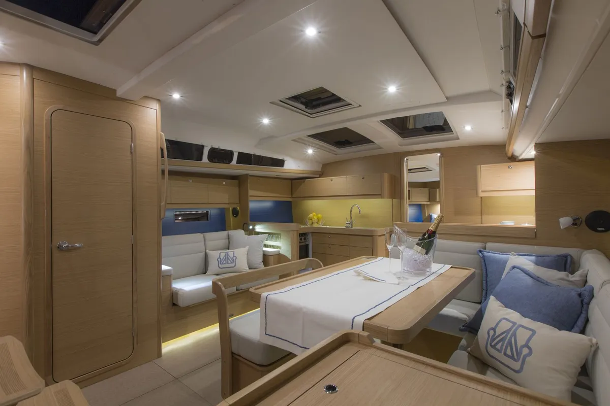 Salon of Nearchos, a Dufour 460 GL sailboat at Lavrion, Greece