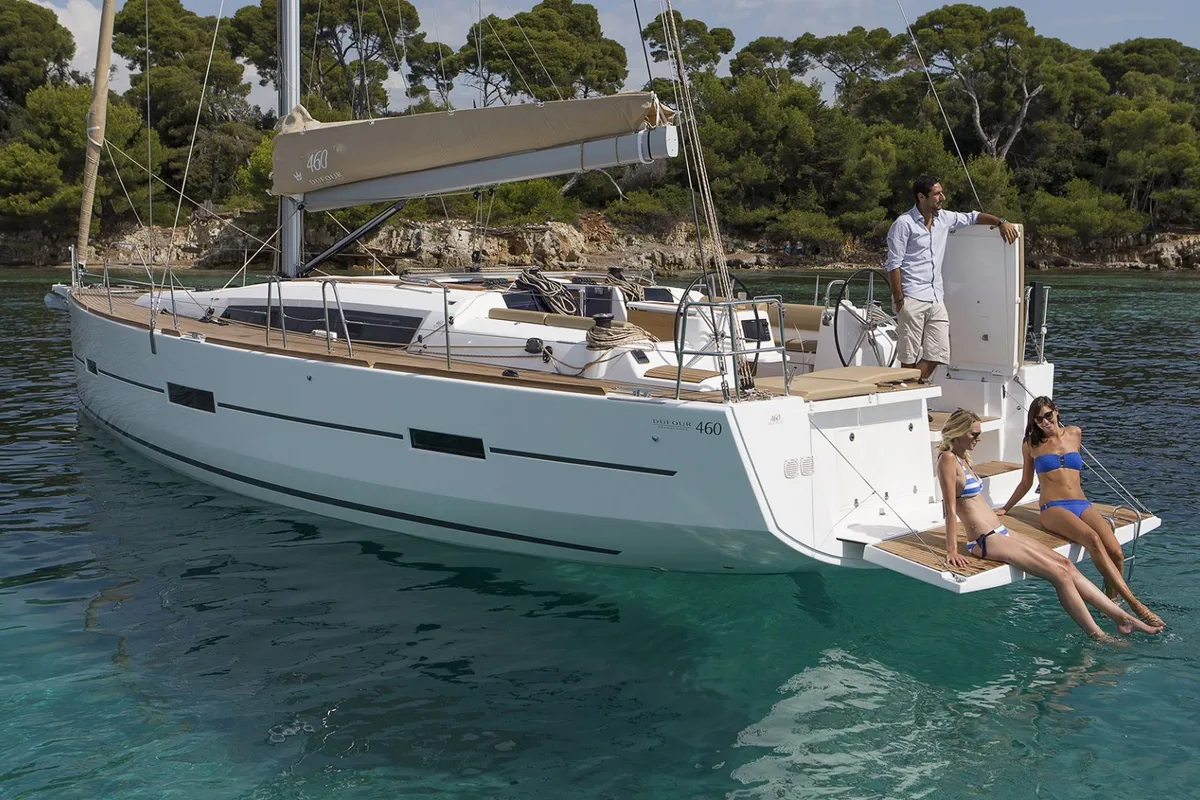 Exterior view of Nearchos, a Dufour 460 GL sailboat at Lavrion, Greece