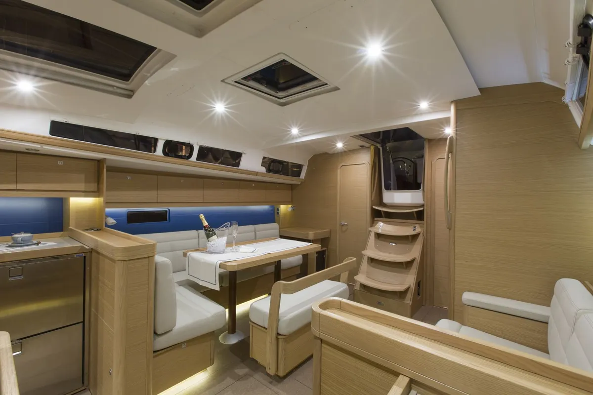 Salon of Nearchos, a Dufour 460 GL sailboat at Lavrion, Greece