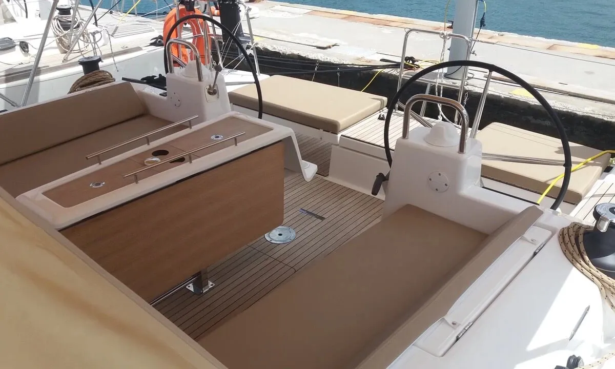 Cockpit of Nearchos, a Dufour 460 GL sailboat at Lavrion, Greece