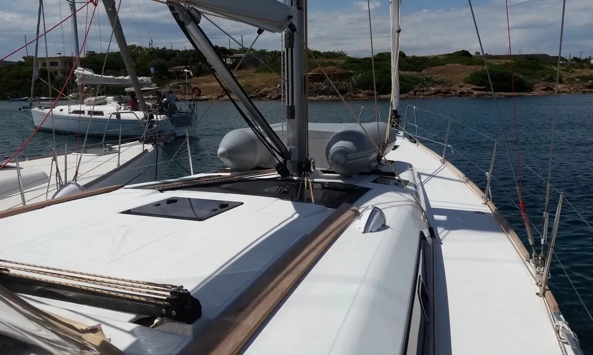 Deck of Nearchos, a Dufour 460 GL sailboat at Lavrion, Greece