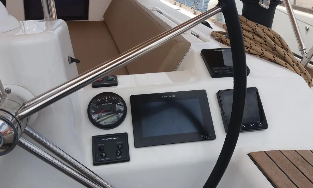 Cockpit of Nearchos, a Dufour 460 GL sailboat at Lavrion, Greece