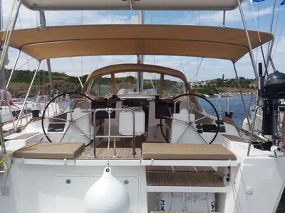 Cockpit of Nearchos, a Dufour 460 GL sailboat at Lavrion, Greece