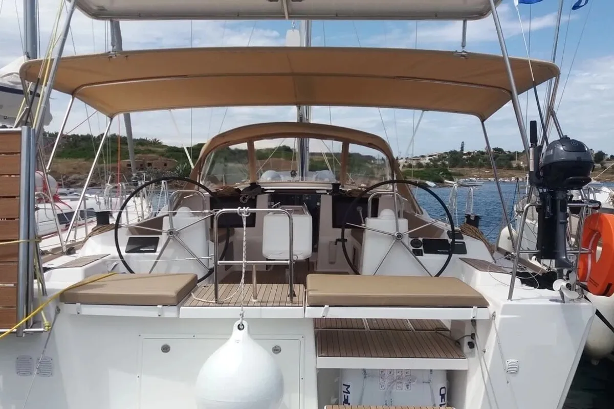 Cockpit of Nearchos, a Dufour 460 GL sailboat at Lavrion, Greece