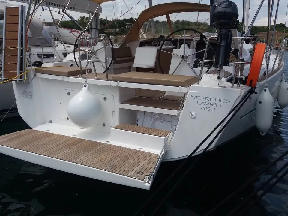 Exterior view of Nearchos, a Dufour 460 GL sailboat at Lavrion, Greece