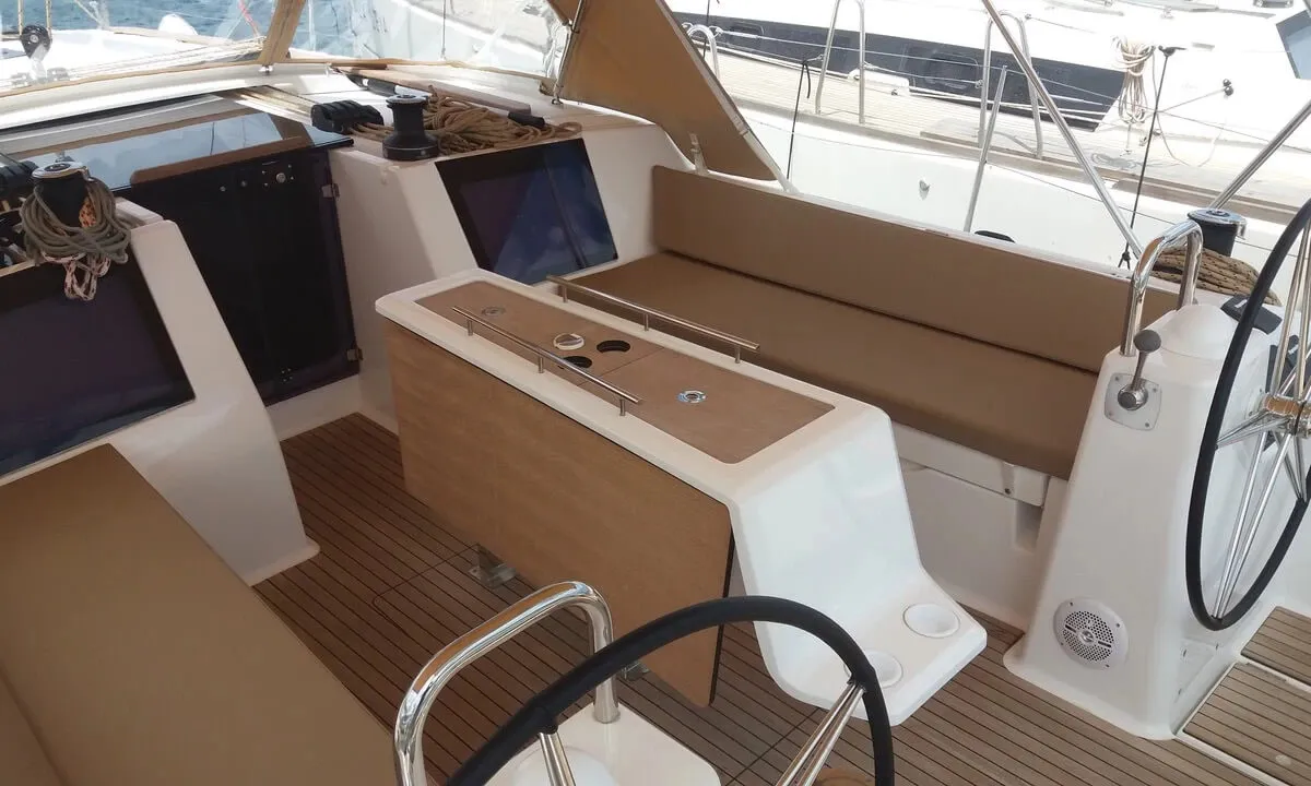Cockpit of Nearchos, a Dufour 460 GL sailboat at Lavrion, Greece