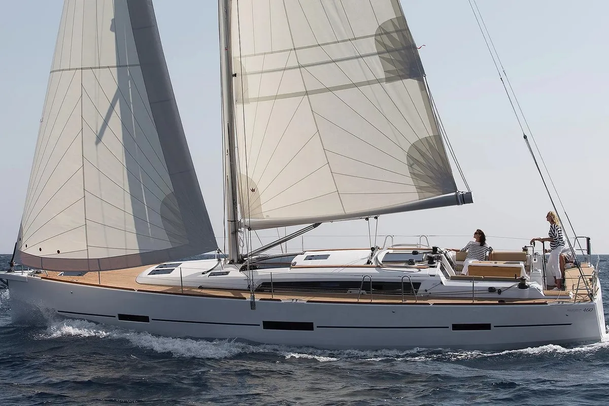 Exterior view of Nearchos, a Dufour 460 GL sailboat at Lavrion, Greece