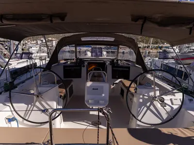 Cockpit of RUBIN, a Dufour 460 Grand Large sailboat at Port de Pollença, Spain