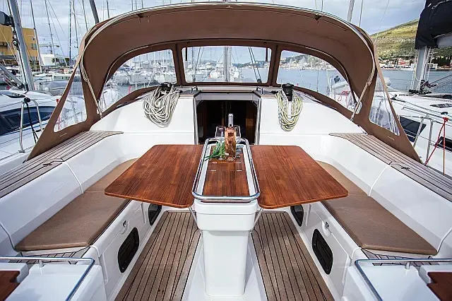 Deck of Elysium I, a Elan Impression 50 sailboat at Seget Donji, Croatia