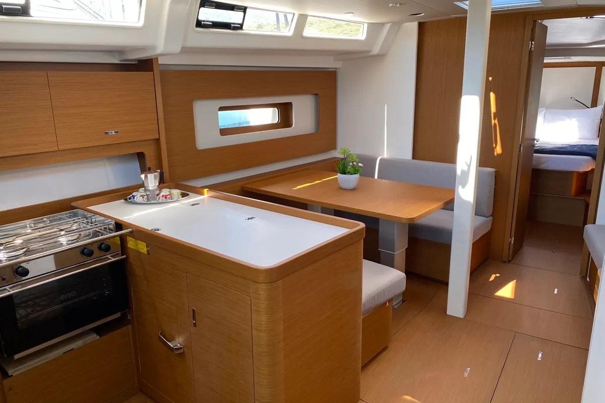 Salon of Saetta, a Beneteau First 44 sailboat at Olbia, Italy