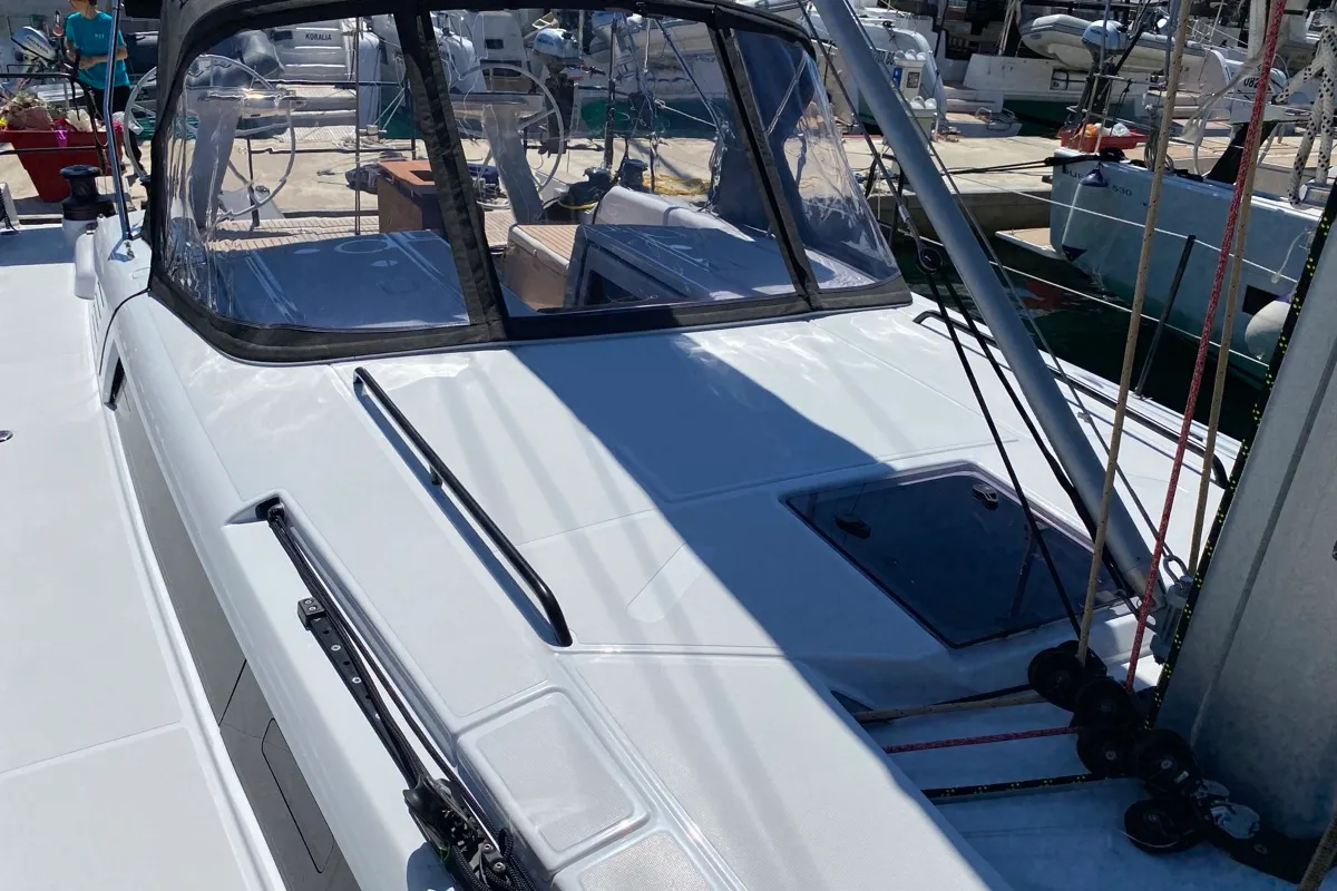 Deck of Saetta, a Beneteau First 44 sailboat at Olbia, Italy