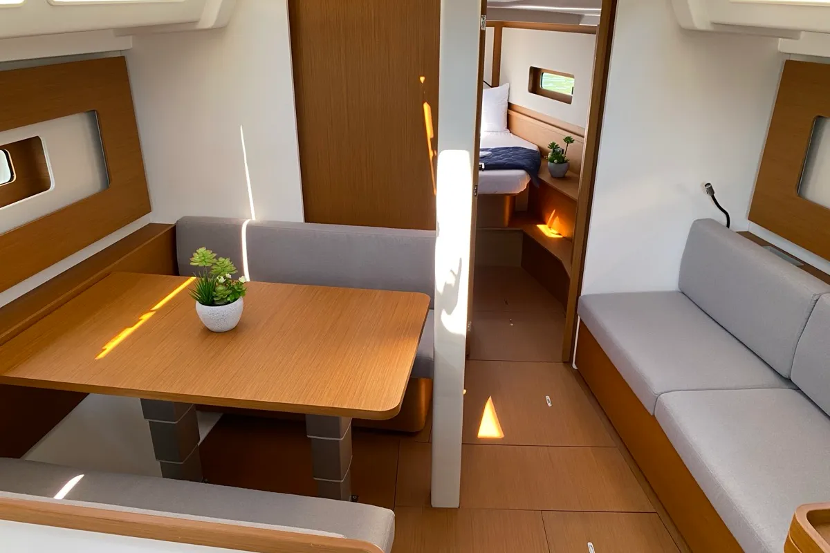 Salon of Saetta, a Beneteau First 44 sailboat at Olbia, Italy