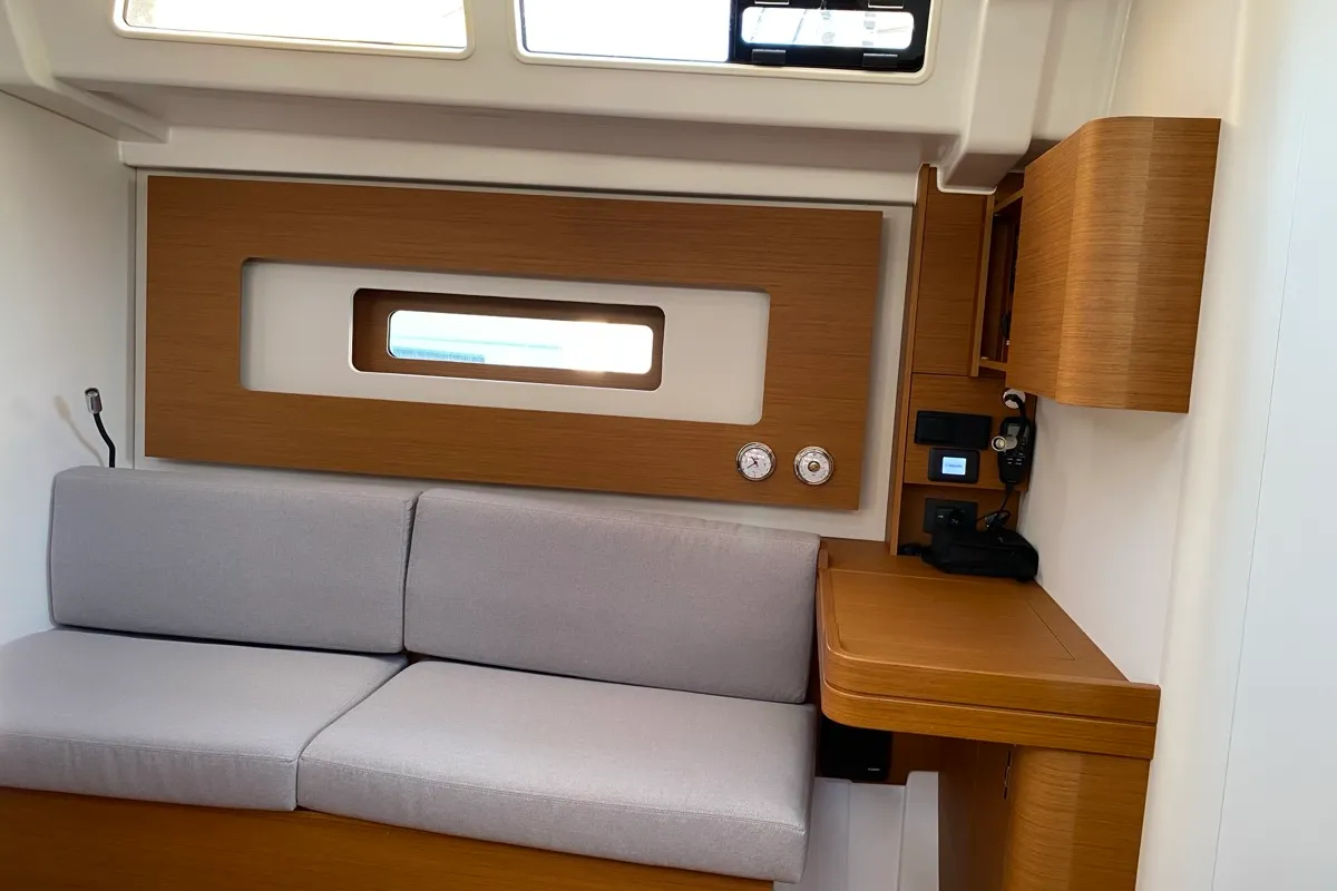 Salon of Saetta, a Beneteau First 44 sailboat at Olbia, Italy