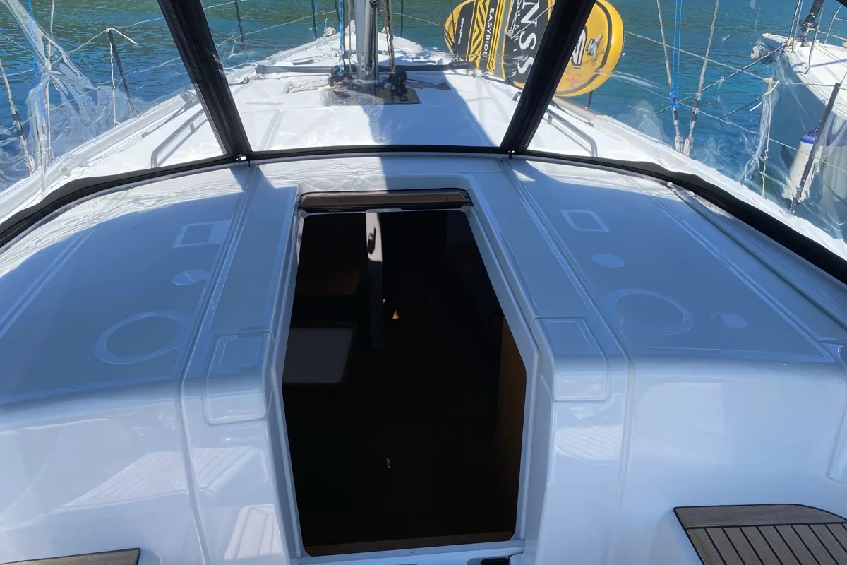 Deck of Saetta, a Beneteau First 44 sailboat at Olbia, Italy