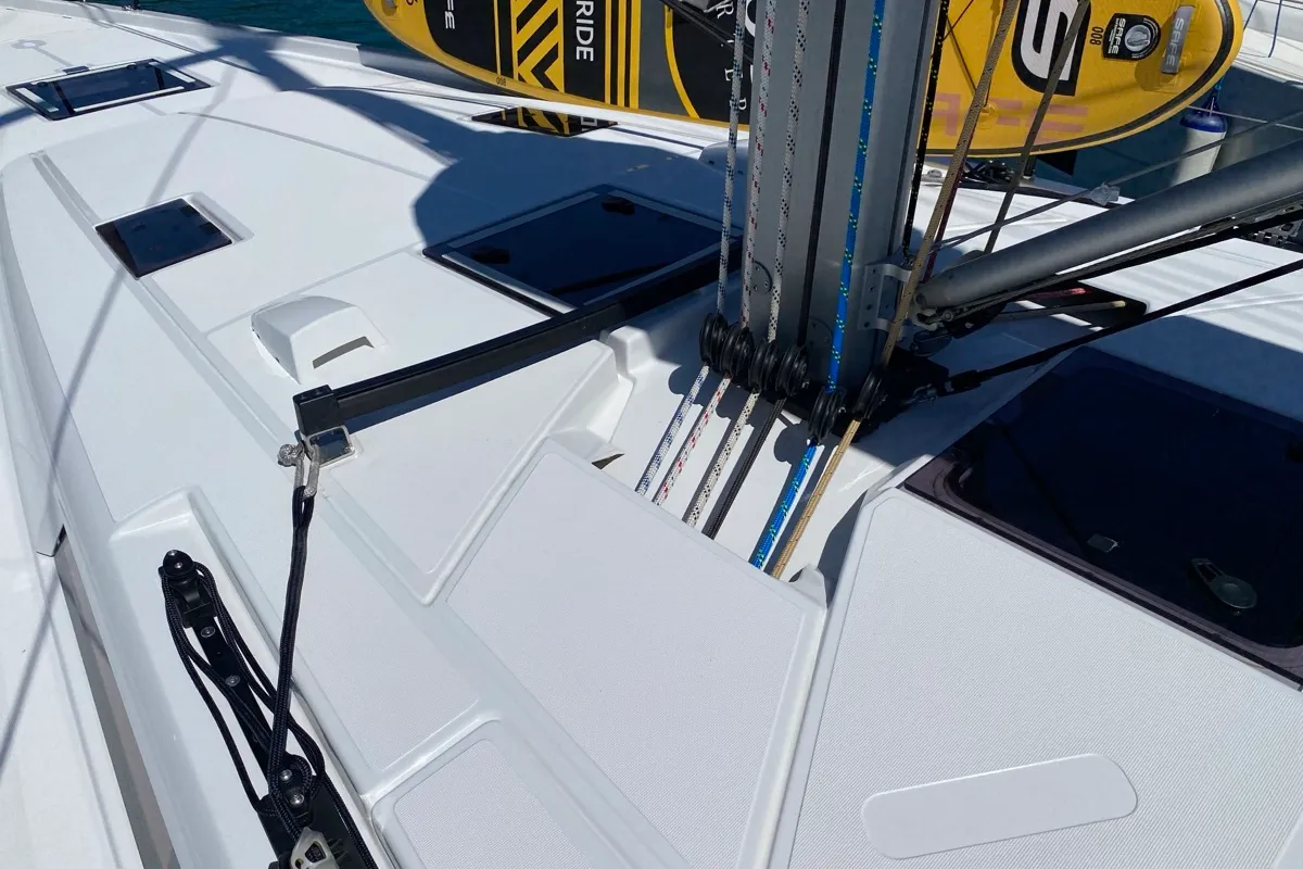 Deck of Saetta, a Beneteau First 44 sailboat at Olbia, Italy