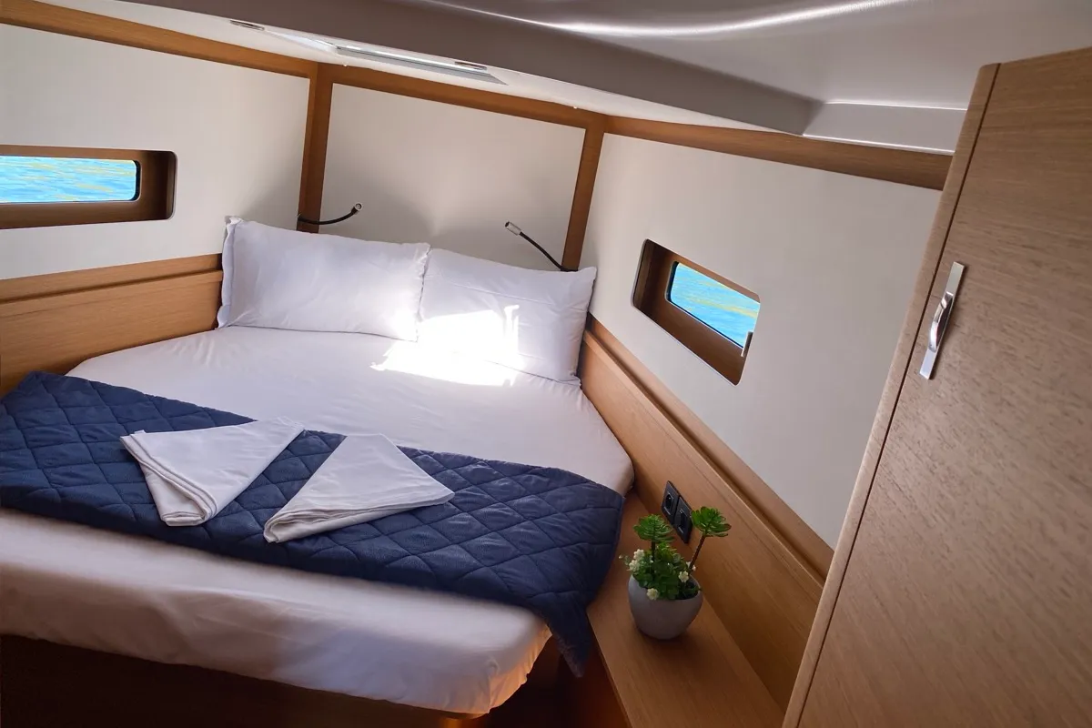 Cabin on Saetta, a Beneteau First 44 sailboat at Olbia, Italy