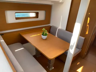 Salon of Saetta, a Beneteau First 44 sailboat at Olbia, Italy