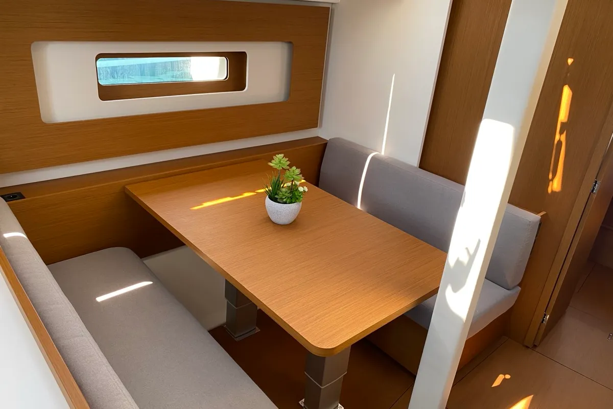 Salon of Saetta, a Beneteau First 44 sailboat at Olbia, Italy