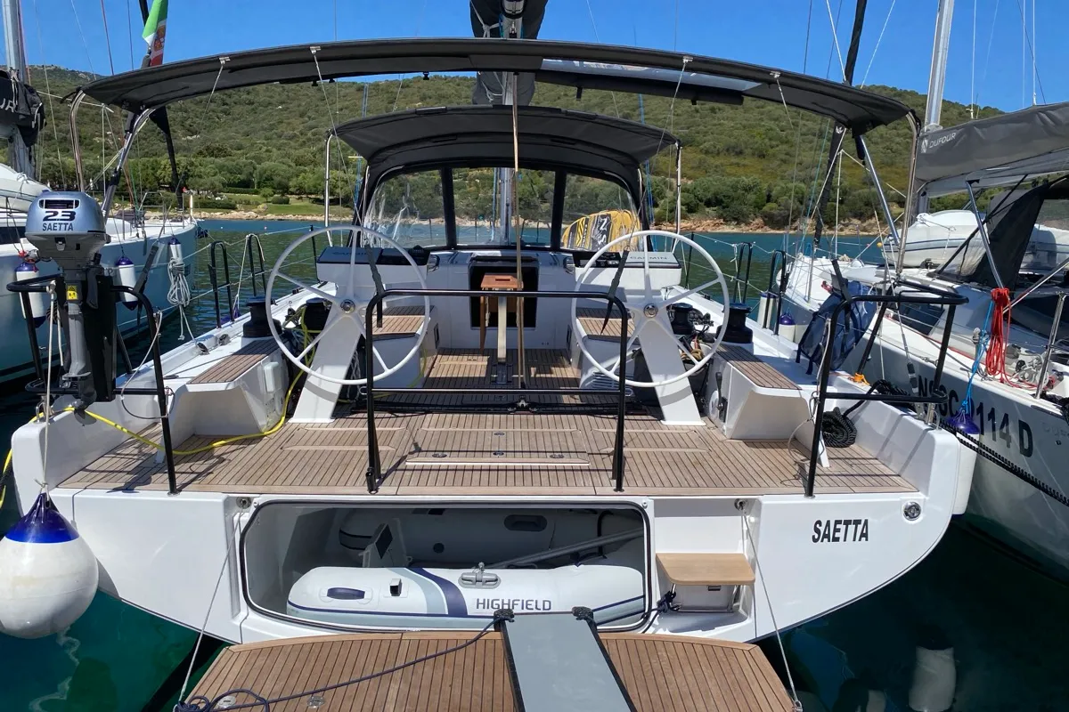 Exterior view of Saetta, a Beneteau First 44 sailboat at Olbia, Italy