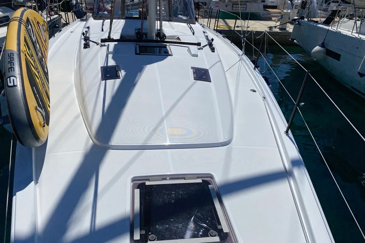 Deck of Saetta, a Beneteau First 44 sailboat at Olbia, Italy