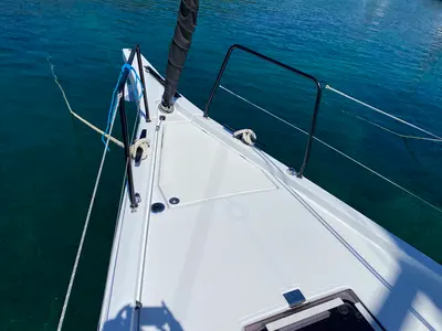 Deck of Saetta, a Beneteau First 44 sailboat at Olbia, Italy