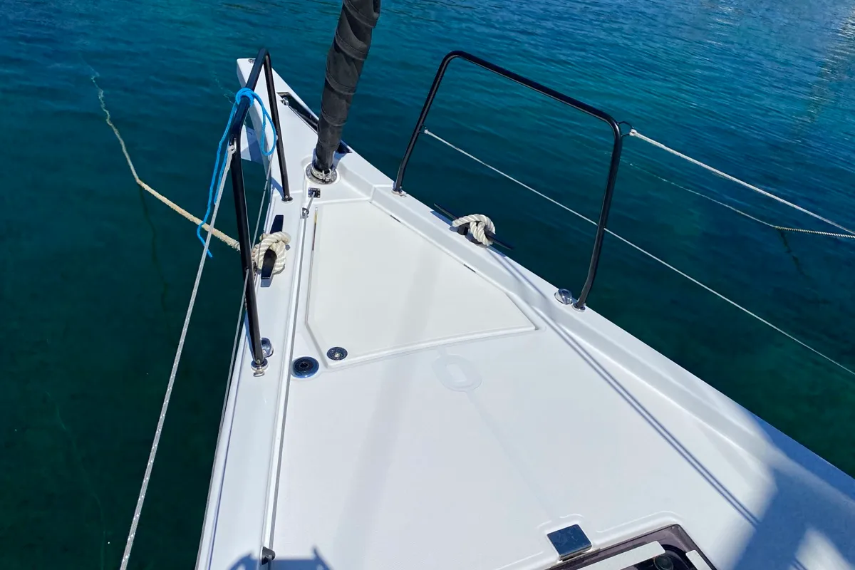 Deck of Saetta, a Beneteau First 44 sailboat at Olbia, Italy