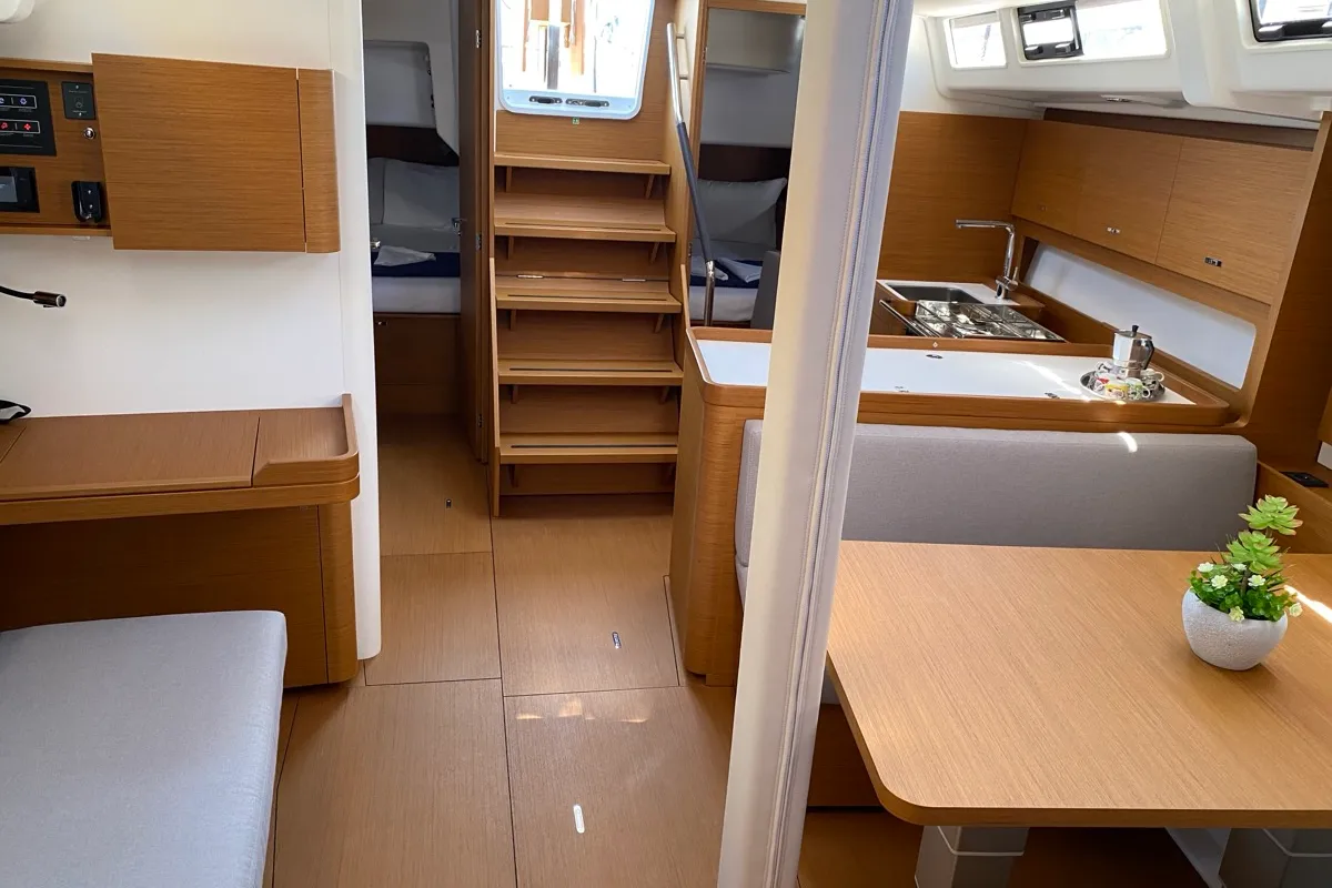 Salon of Saetta, a Beneteau First 44 sailboat at Olbia, Italy
